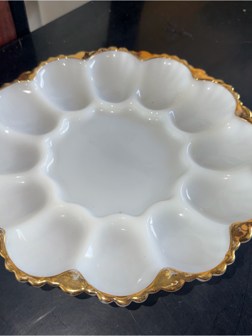 Vintage Anchor Hocking White and Gold Scalloped Egg Serving Tray